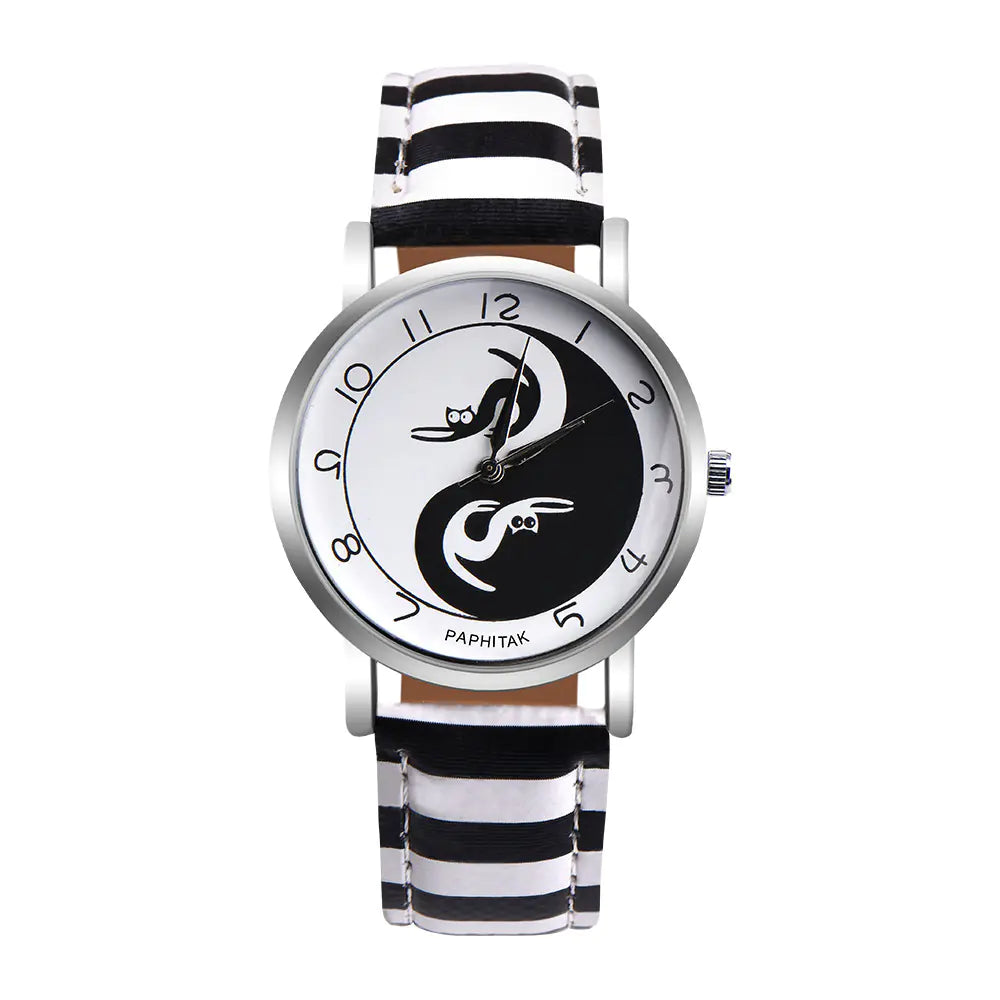 Women's Leather Cat Watch with Yin Yang Design