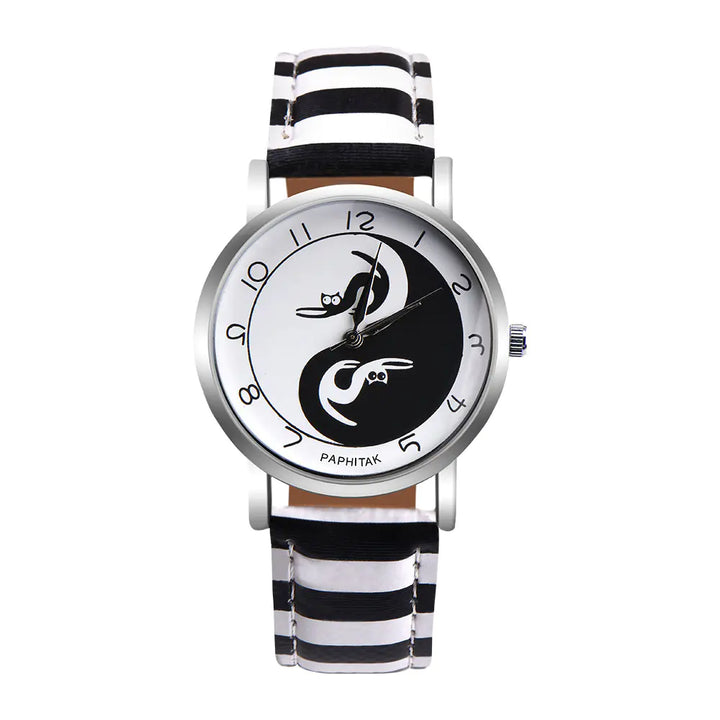 Women's Leather Cat Watch with Yin Yang Design
