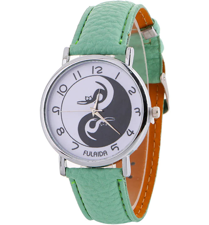 Women's Leather Cat Watch with Yin Yang Design