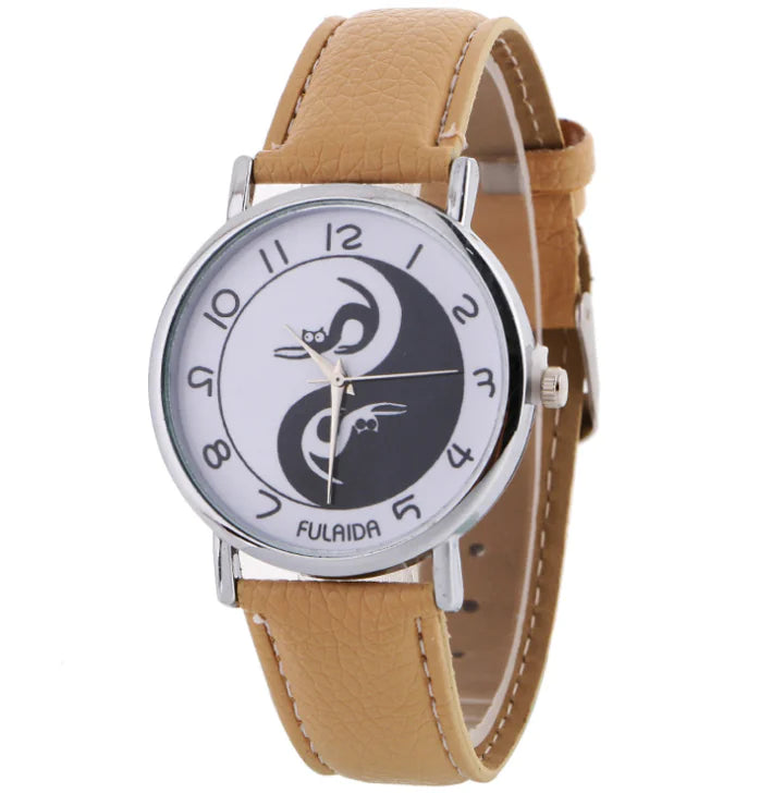 Women's Leather Cat Watch with Yin Yang Design