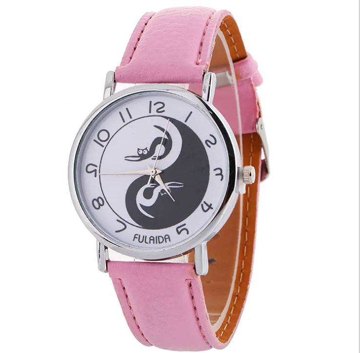 Women's Leather Cat Watch with Yin Yang Design