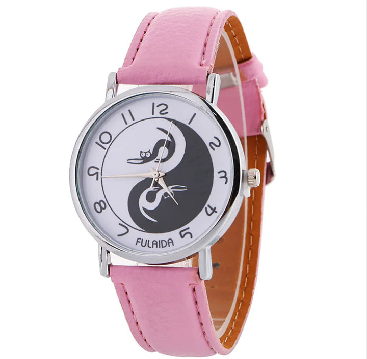 Women's Leather Cat Watch with Yin Yang Design