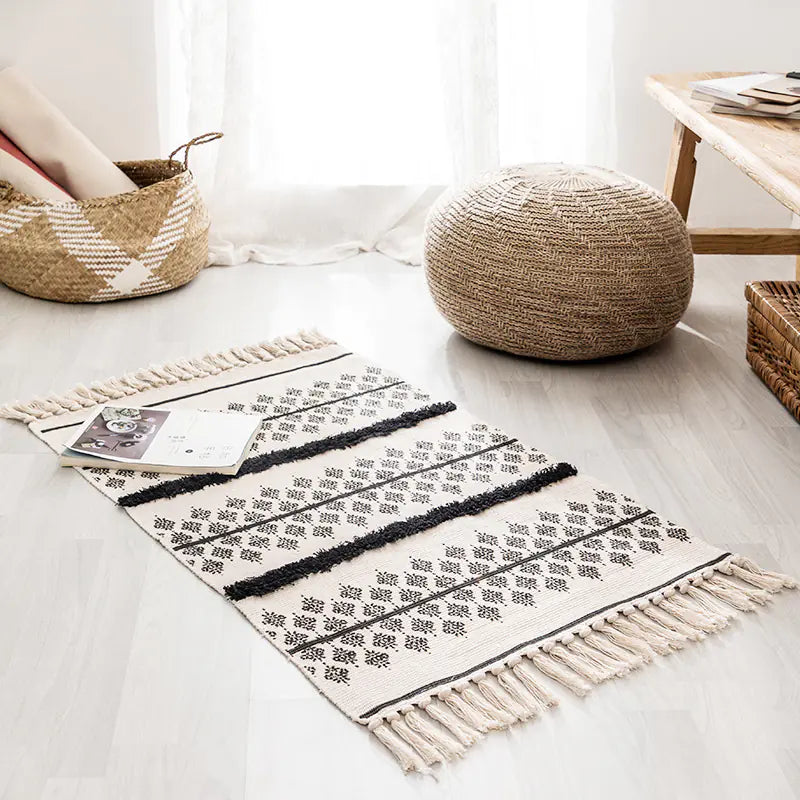 Handwoven Moroccan Cotton Fringe Area Rug for Living Room