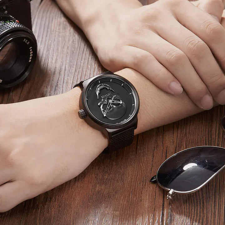 Skull Men's Watch with Black Metal Mesh Band