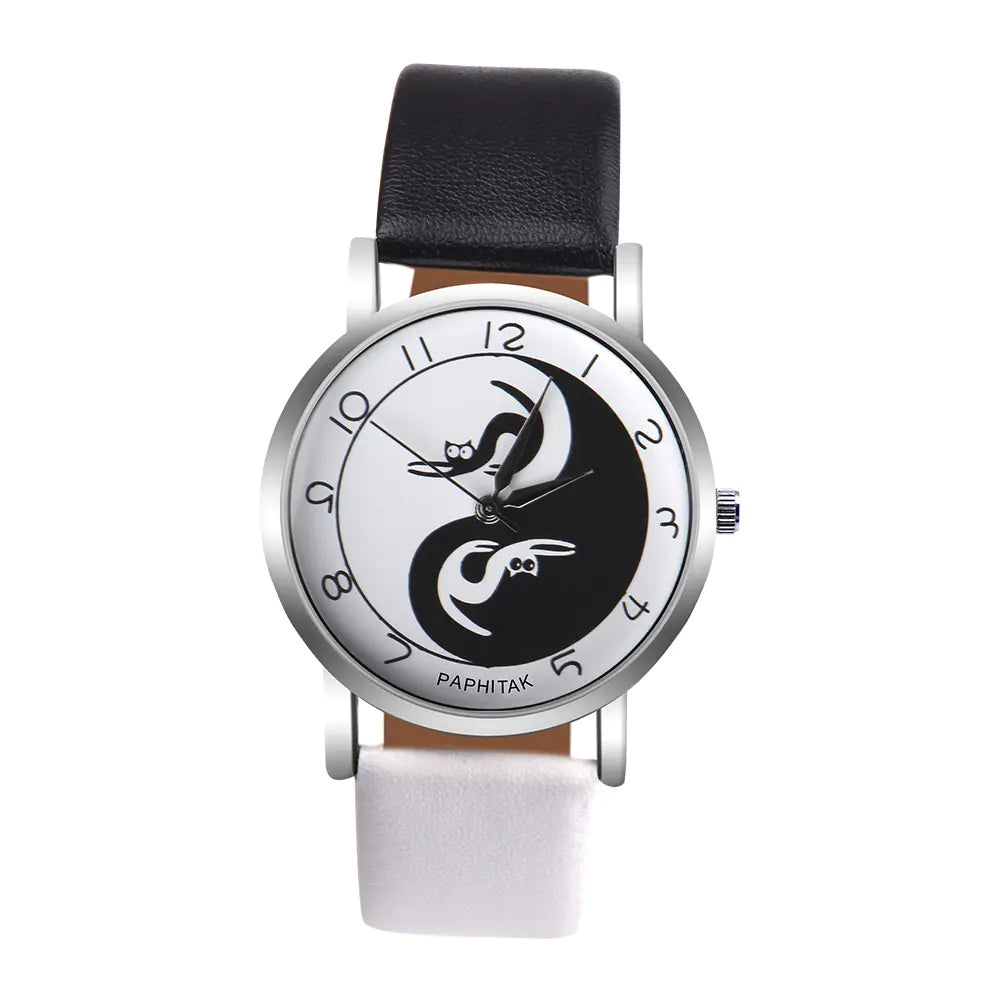 Women's Leather Cat Watch with Yin Yang Design