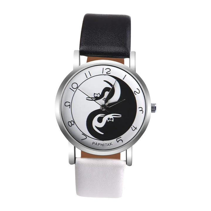 Women's Leather Cat Watch with Yin Yang Design