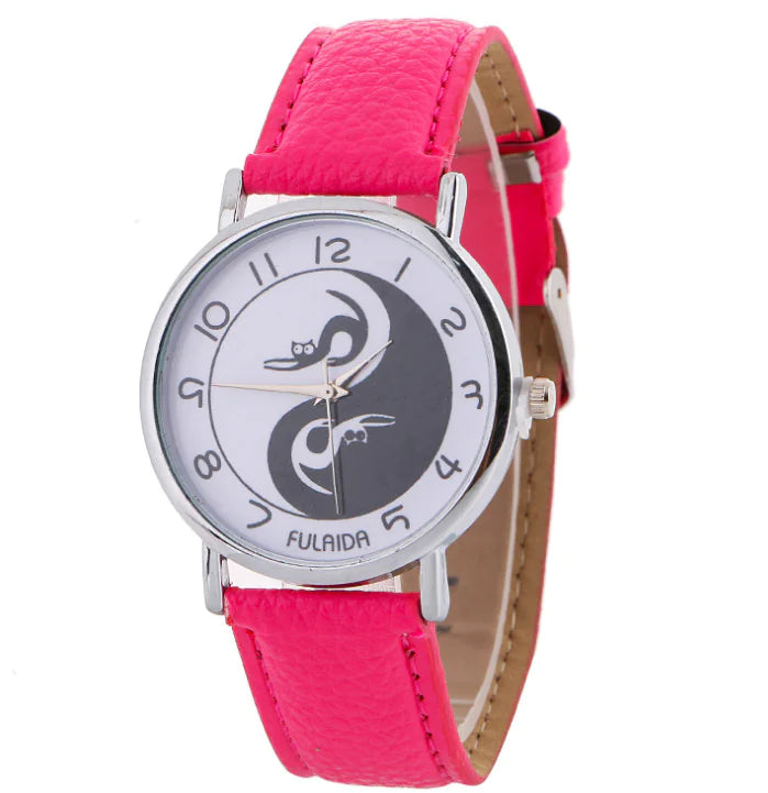 Women's Leather Cat Watch with Yin Yang Design