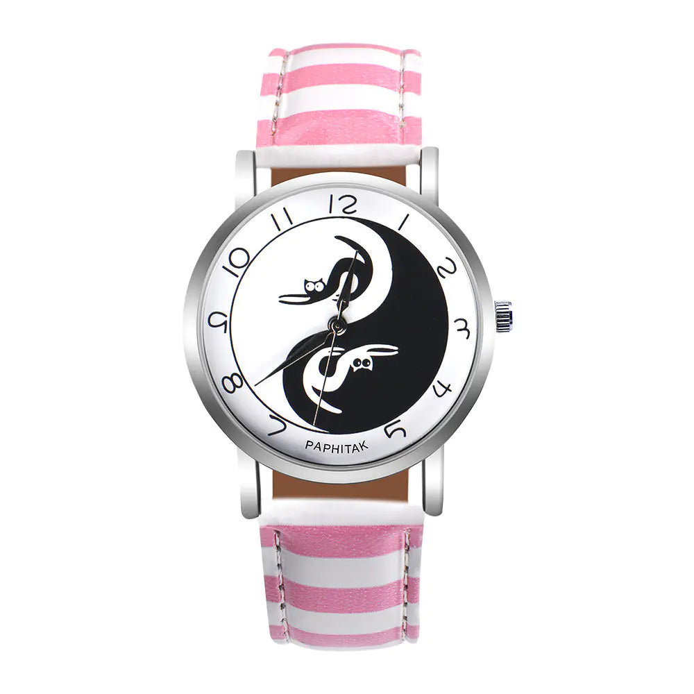 Women's Leather Cat Watch with Yin Yang Design