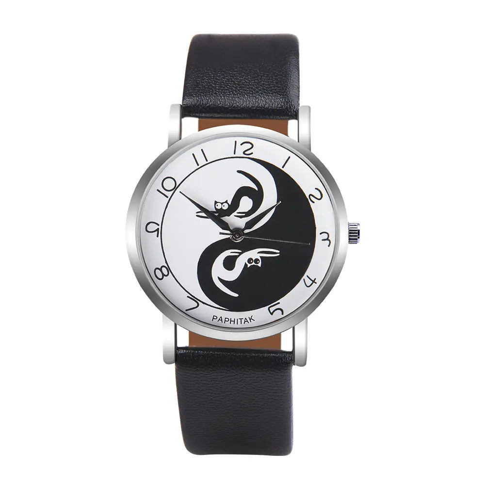 Women's Leather Cat Watch with Yin Yang Design