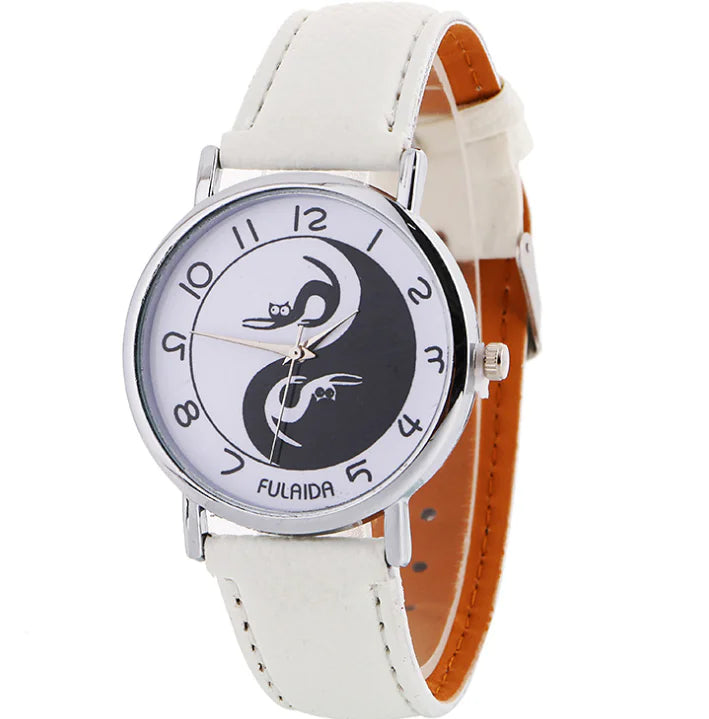 Women's Leather Cat Watch with Yin Yang Design