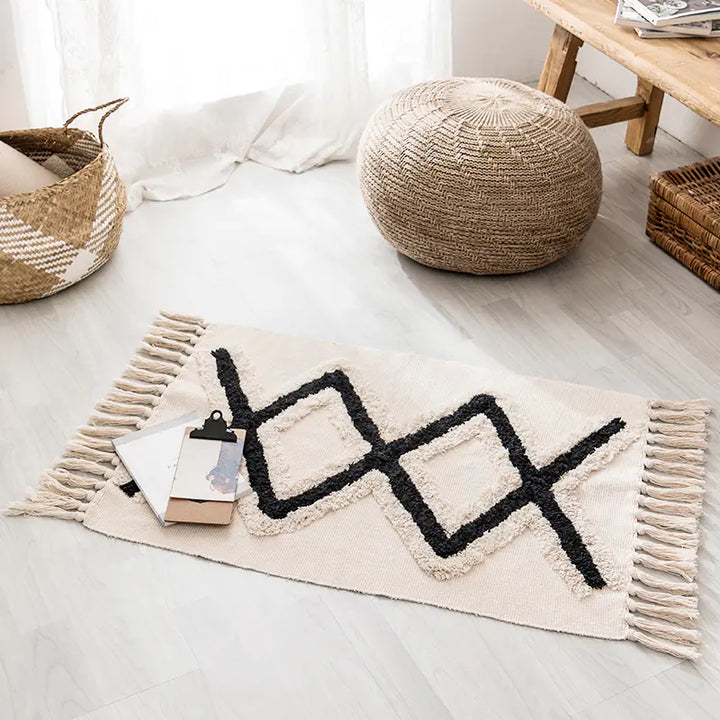 Handwoven Moroccan Cotton Fringe Area Rug for Living Room