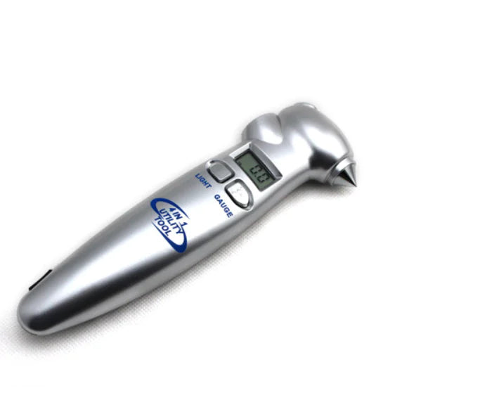 Silver 4-in-1 Tire Pressure Gauge with Flashlight