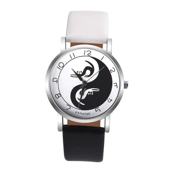 Women's Leather Cat Watch with Yin Yang Design
