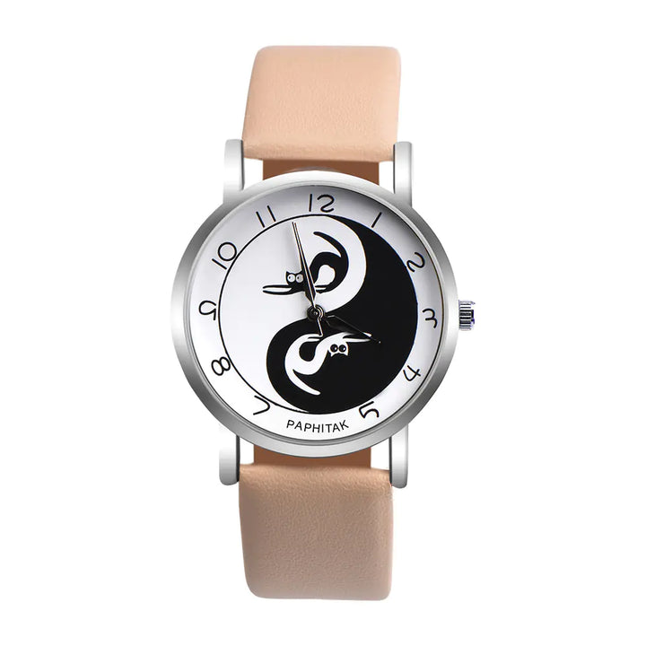 Women's Leather Cat Watch with Yin Yang Design