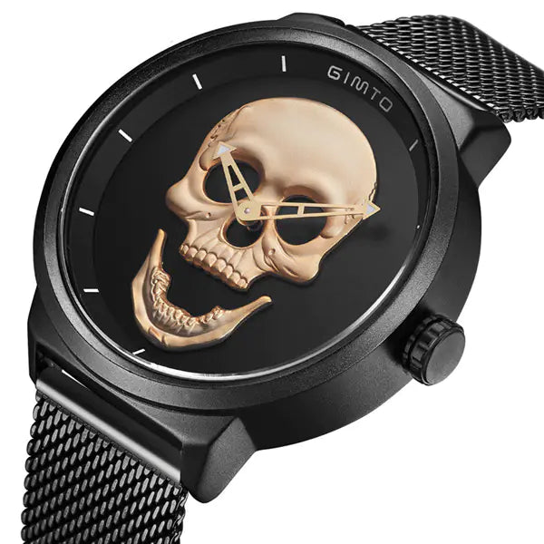 Skull Men's Watch with Black Metal Mesh Band