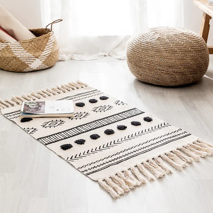Handwoven Moroccan Cotton Fringe Area Rug for Living Room