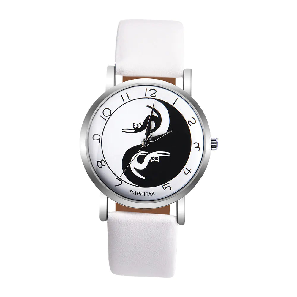 Women's Leather Cat Watch with Yin Yang Design