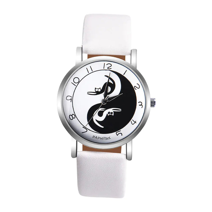 Women's Leather Cat Watch with Yin Yang Design