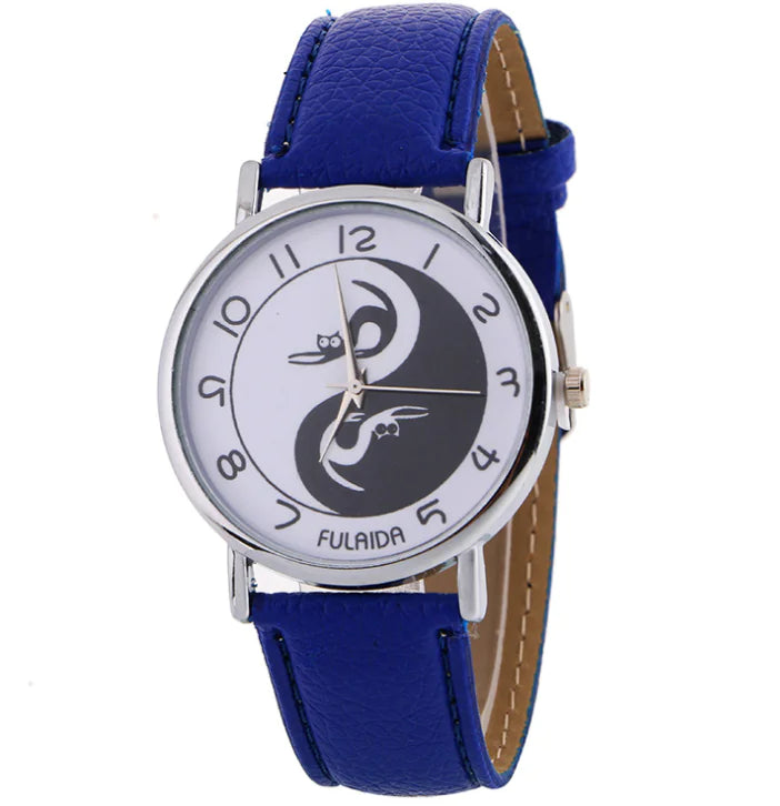 Women's Leather Cat Watch with Yin Yang Design