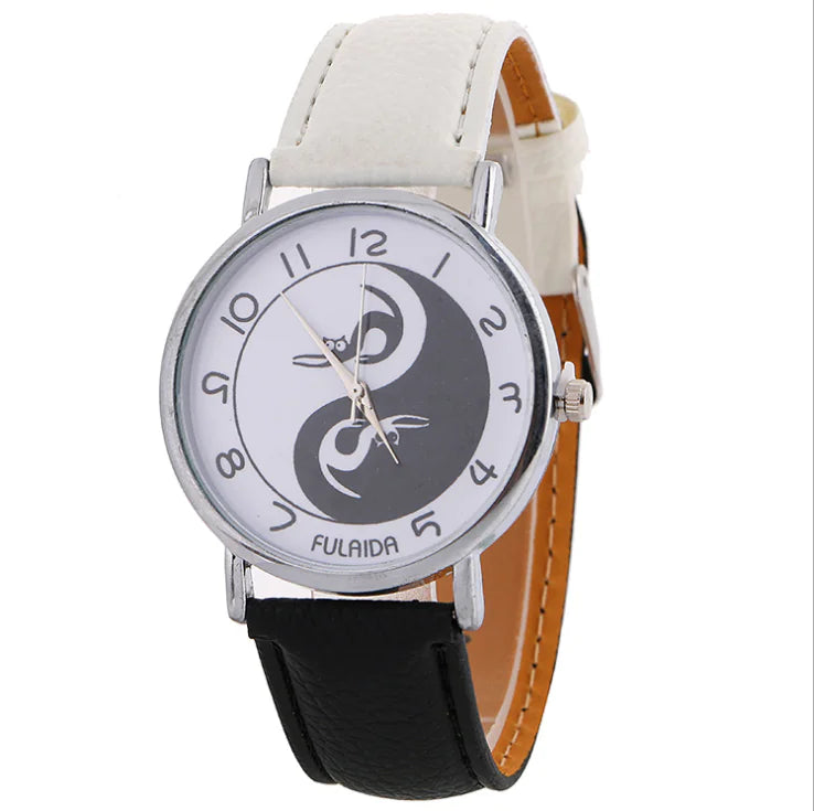 Women's Leather Cat Watch with Yin Yang Design