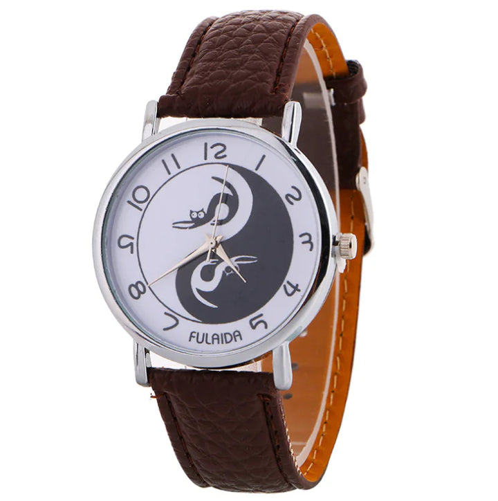 Women's Leather Cat Watch with Yin Yang Design