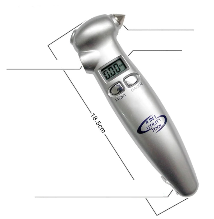Silver 4-in-1 Tire Pressure Gauge with Flashlight