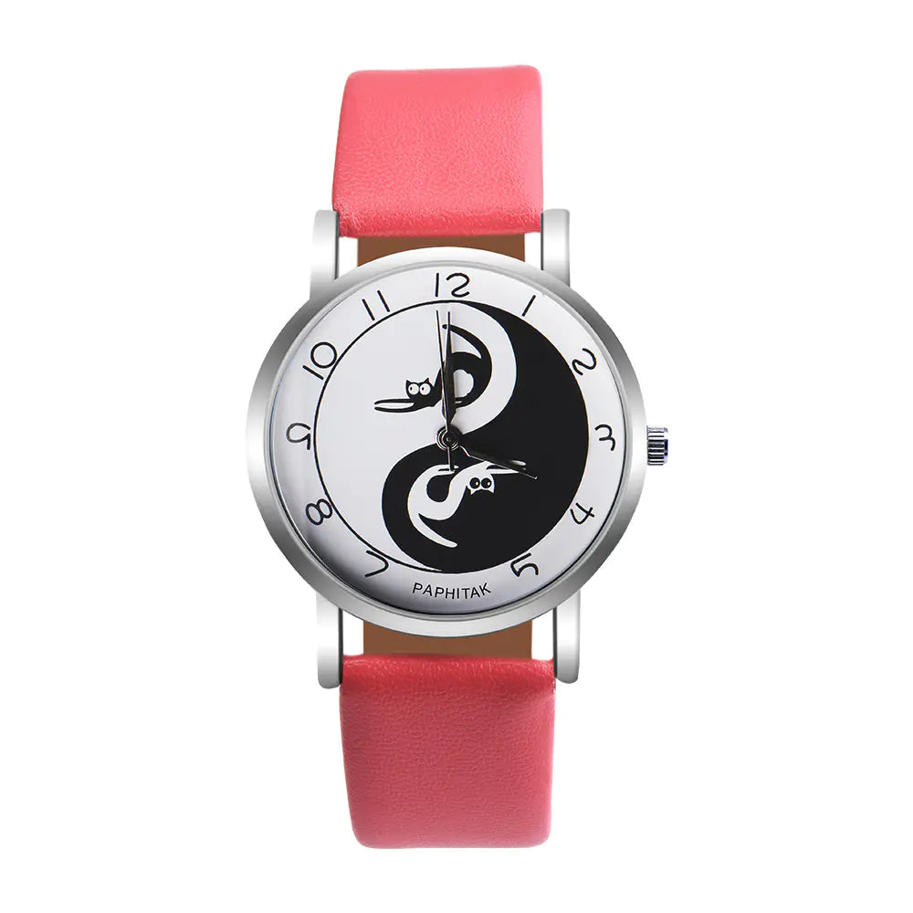 Women's Leather Cat Watch with Yin Yang Design