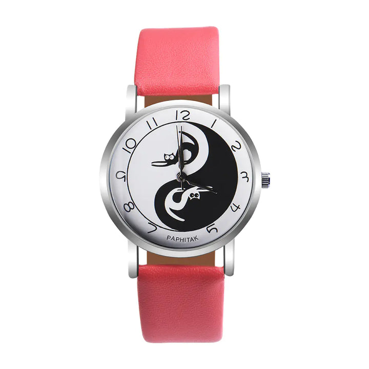 Women's Leather Cat Watch with Yin Yang Design