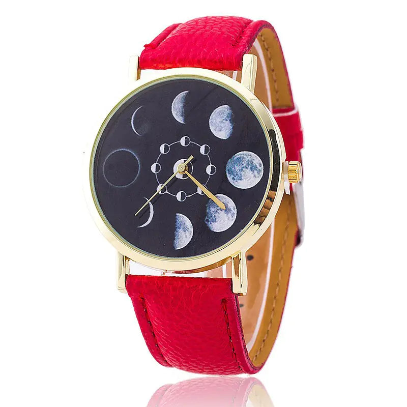 "Moon Phase Surface Watch with Leather Strap"