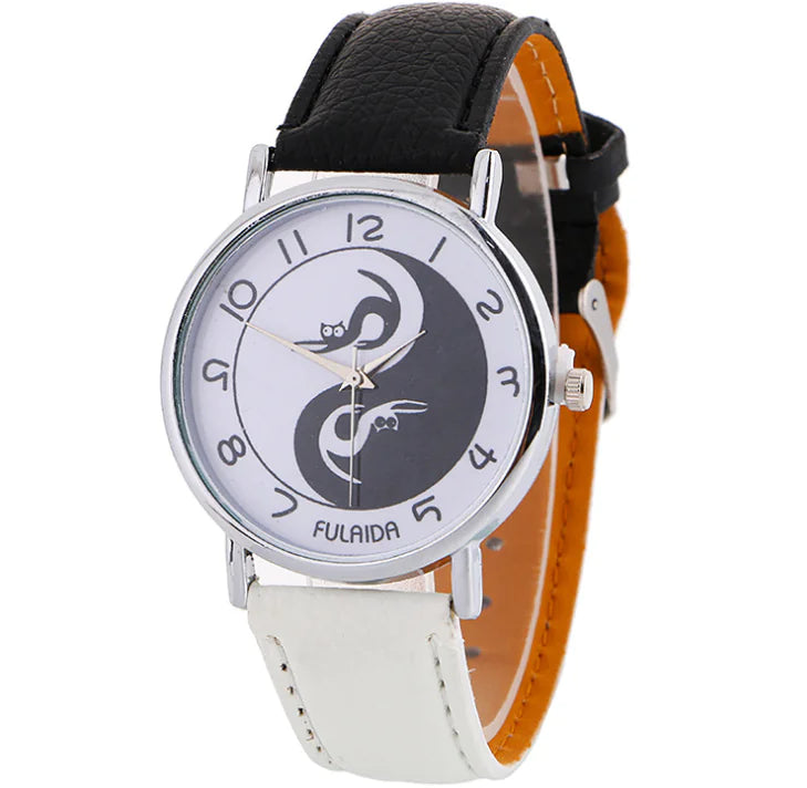 Women's Leather Cat Watch with Yin Yang Design