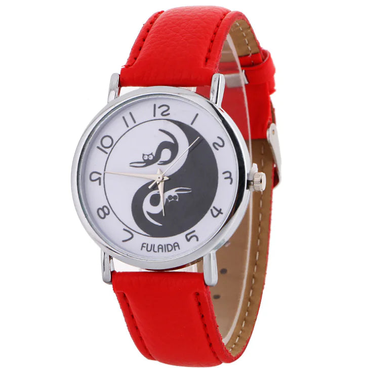 Women's Leather Cat Watch with Yin Yang Design