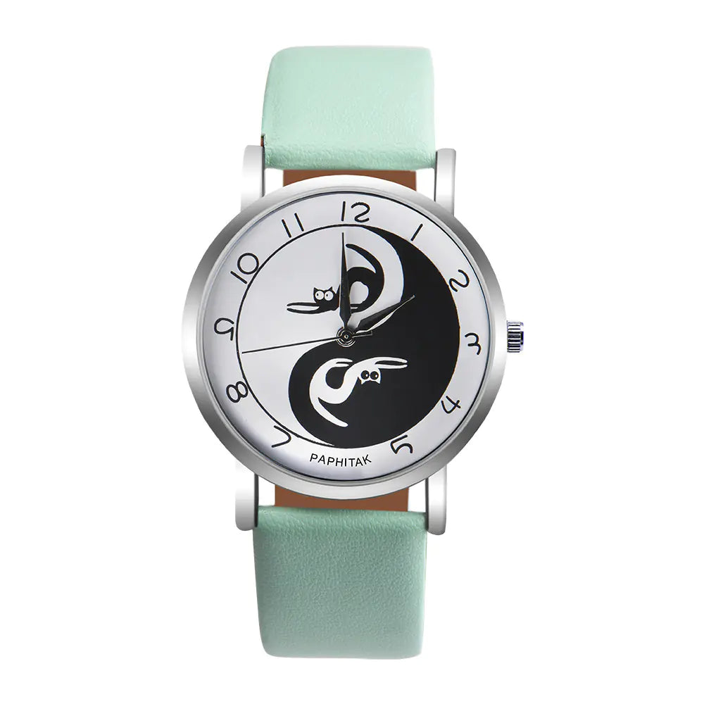 Women's Leather Cat Watch with Yin Yang Design