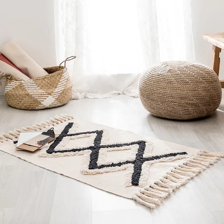 Handwoven Moroccan Cotton Fringe Area Rug for Living Room