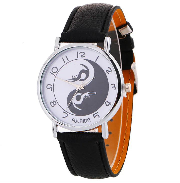 Women's Leather Cat Watch with Yin Yang Design