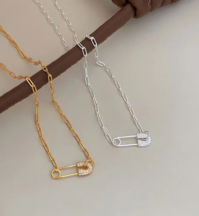 925 Silver Gold Chain Necklace with Pendant and Diamonds