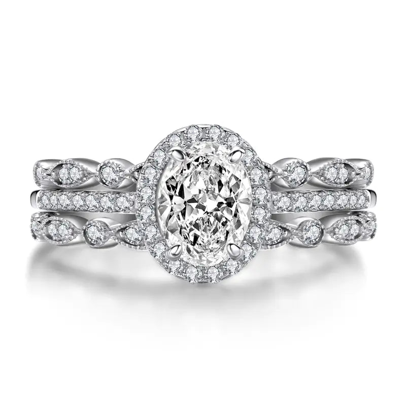 925 Sterling Silver Oval Stone Double Ring Set