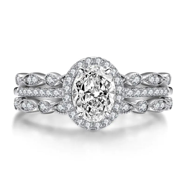 925 Sterling Silver Oval Stone Double Ring Set