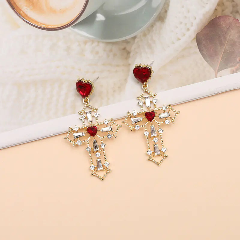 Gold Cross Earrings with Creative Heart Design