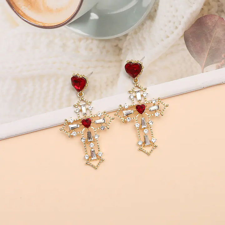 Gold Cross Earrings with Creative Heart Design