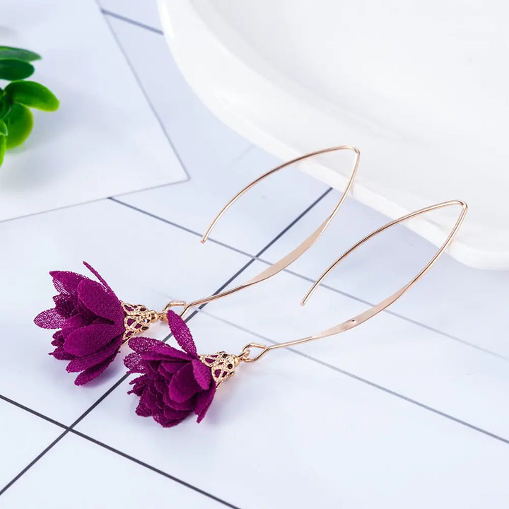 Creative Rose Fabric Drop Earrings with Tassels