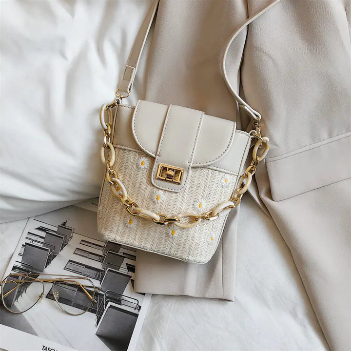 Woven Women's Shoulder Crossbody Bag with Acrylic Chain