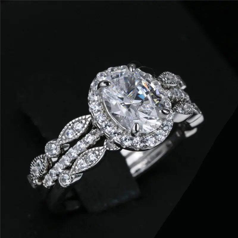 925 Sterling Silver Oval Stone Double Ring Set