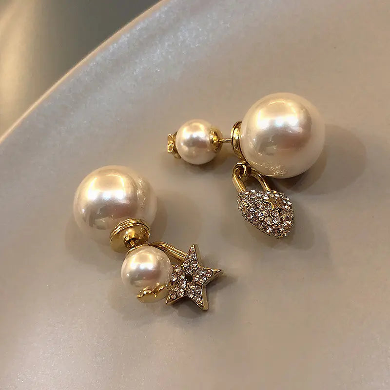 Asymmetrical Star Heart Earrings with Double-Sided Pearls