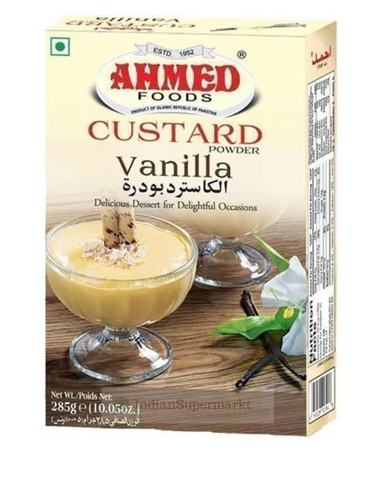 Box of Ahmed Foods Vanilla Custard Powder with a dessert image on the front.