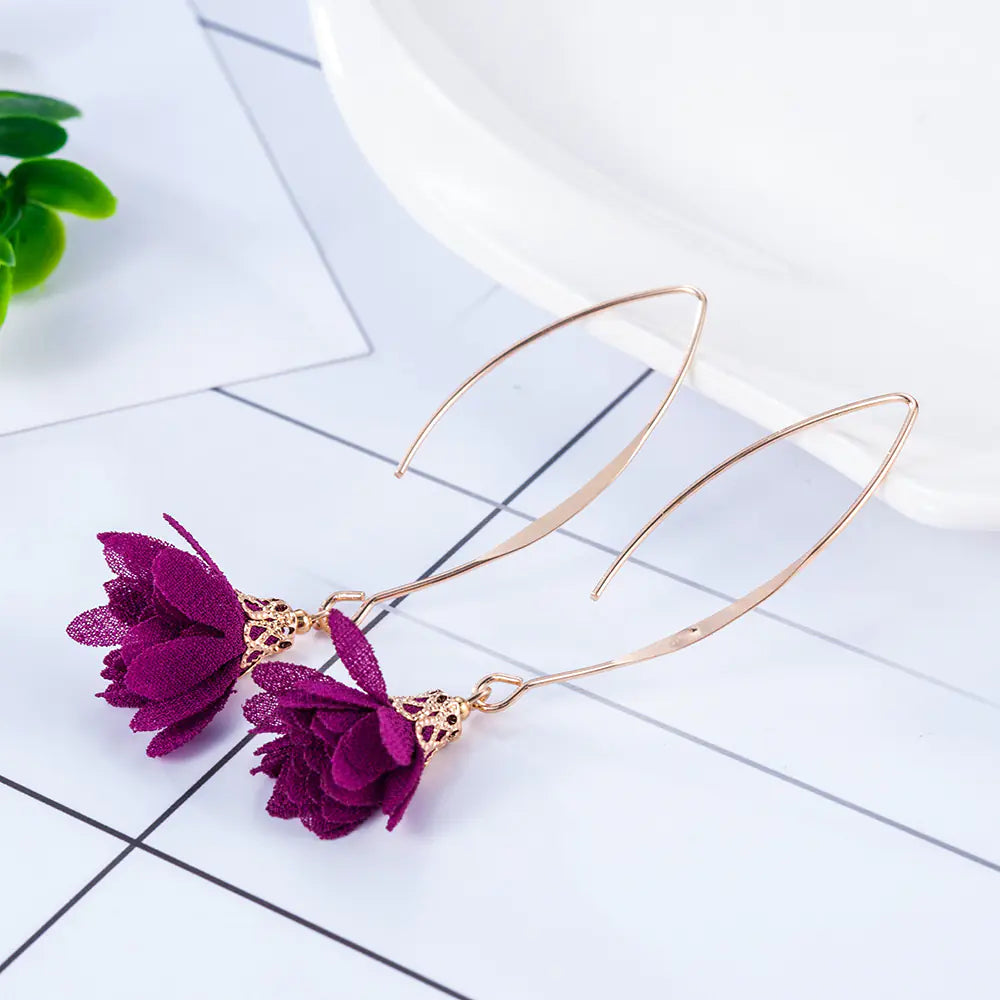 Creative Rose Fabric Drop Earrings with Tassels