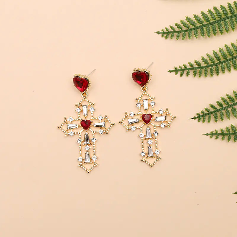 Gold Cross Earrings with Creative Heart Design