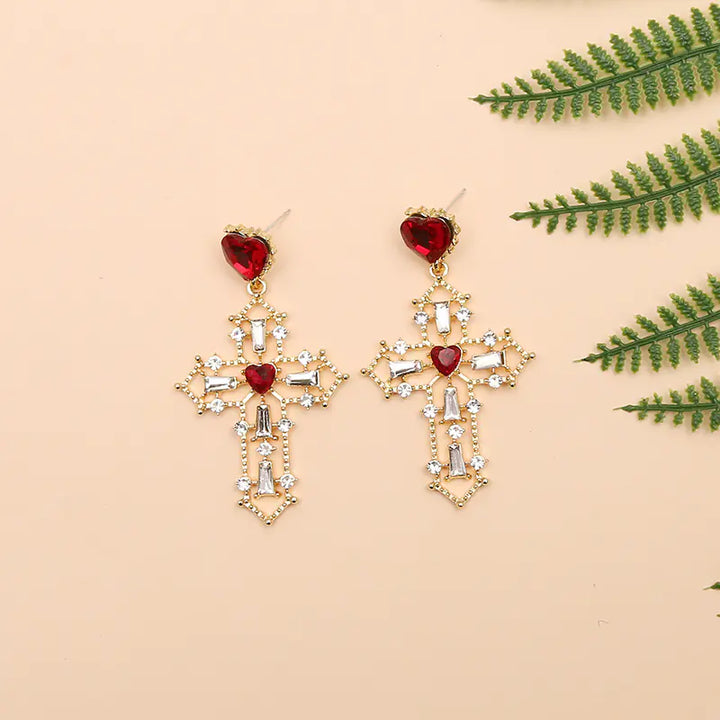 Gold Cross Earrings with Creative Heart Design