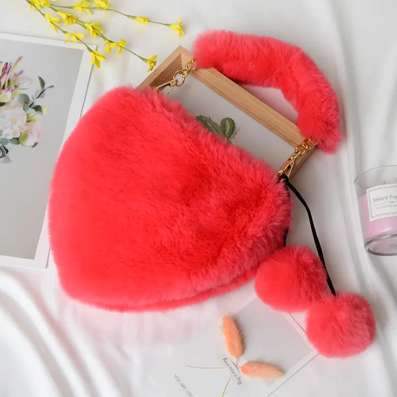 Heart-shaped Plush Peach Handbag for Women