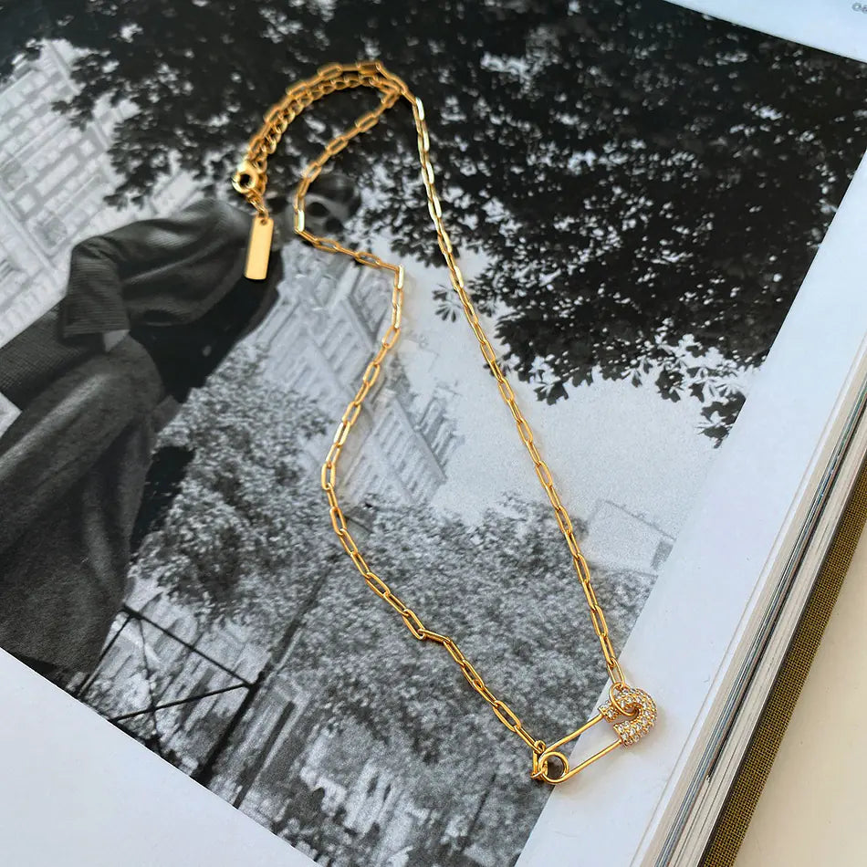 925 Silver Gold Chain Necklace with Pendant and Diamonds
