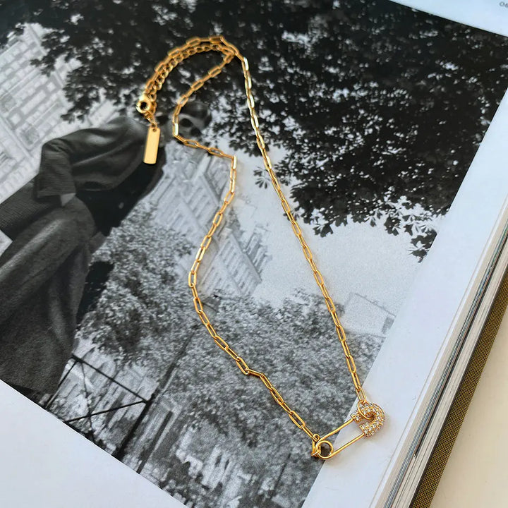 925 Silver Gold Chain Necklace with Pendant and Diamonds